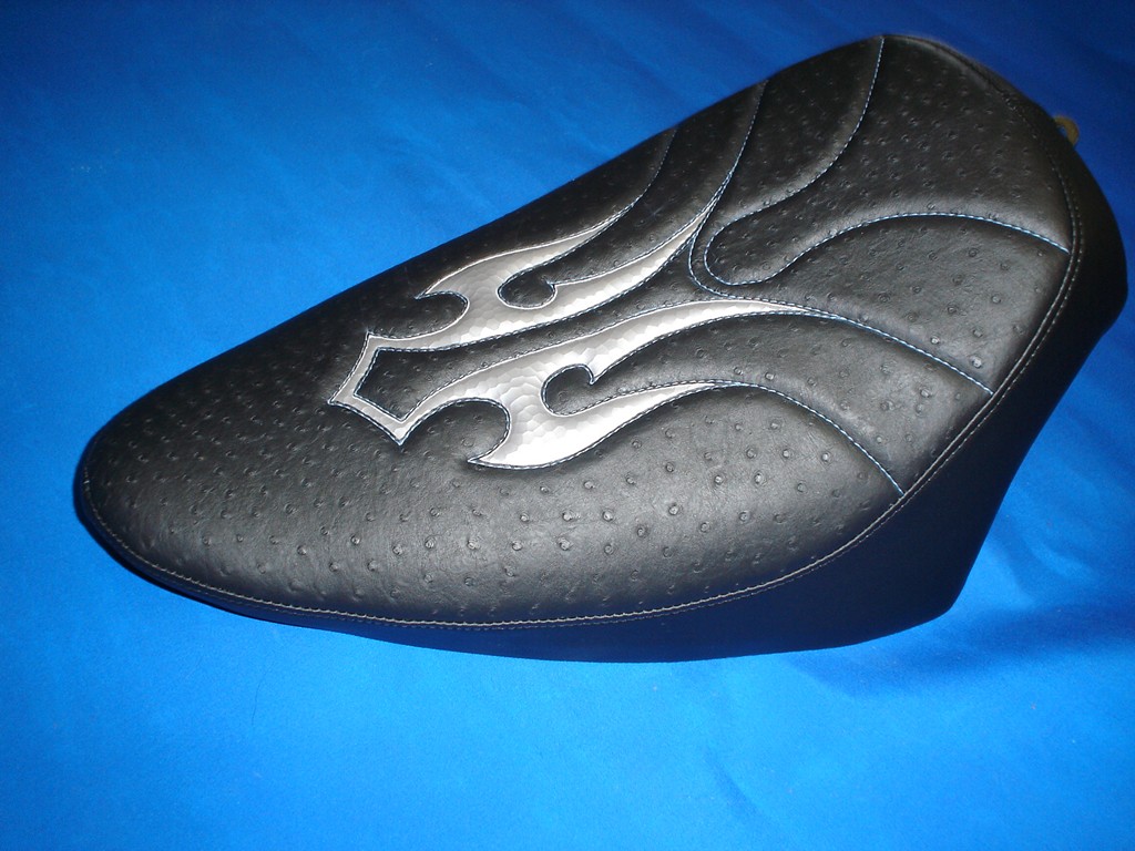 Two-up black ostrich-grain seat with silver flame inlays