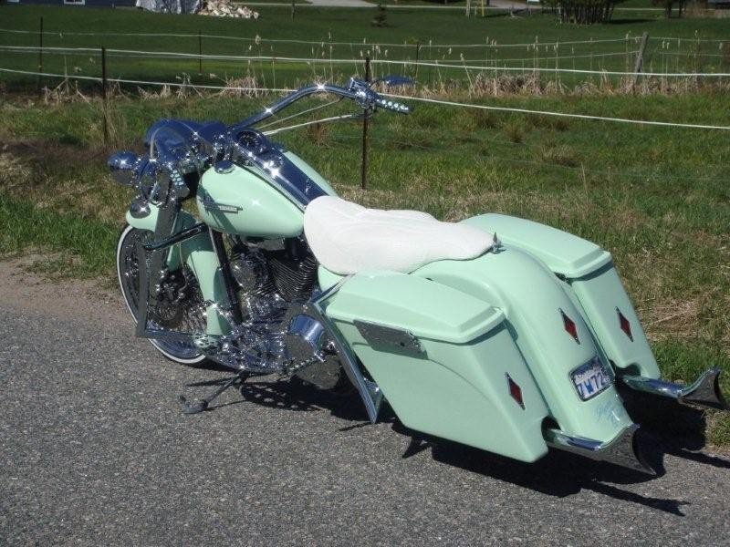 Mint green Road King with a white seat