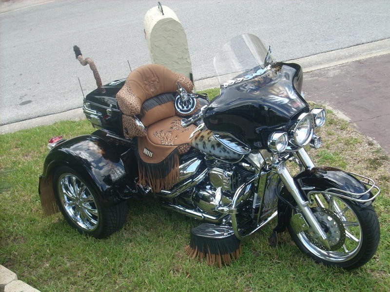 Trike with a tooled brown seat, fringe and matching trunk